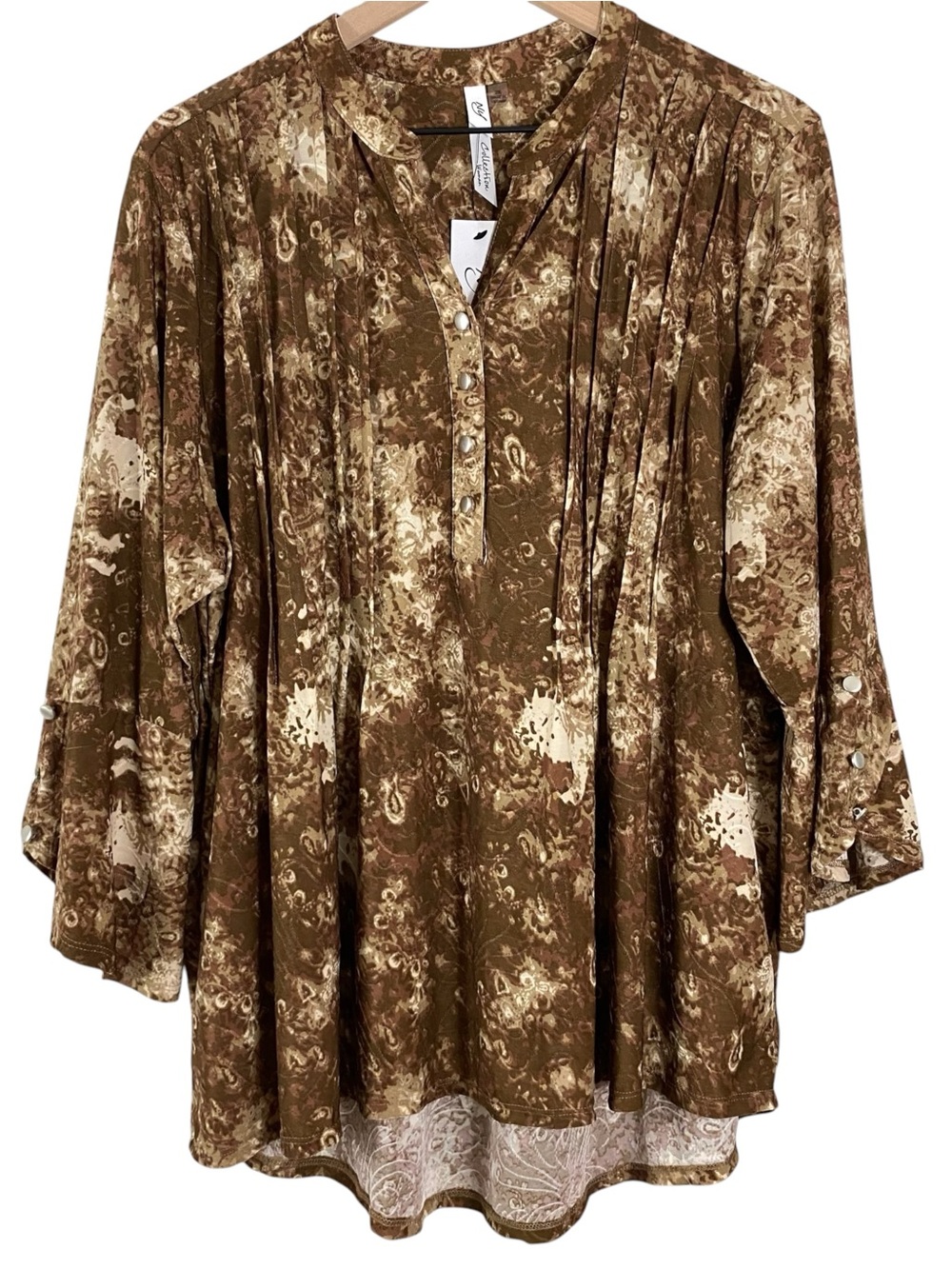 NY Collection Womens Blouse Size 2X Abstract Print Forest Boho Brown Pintuck